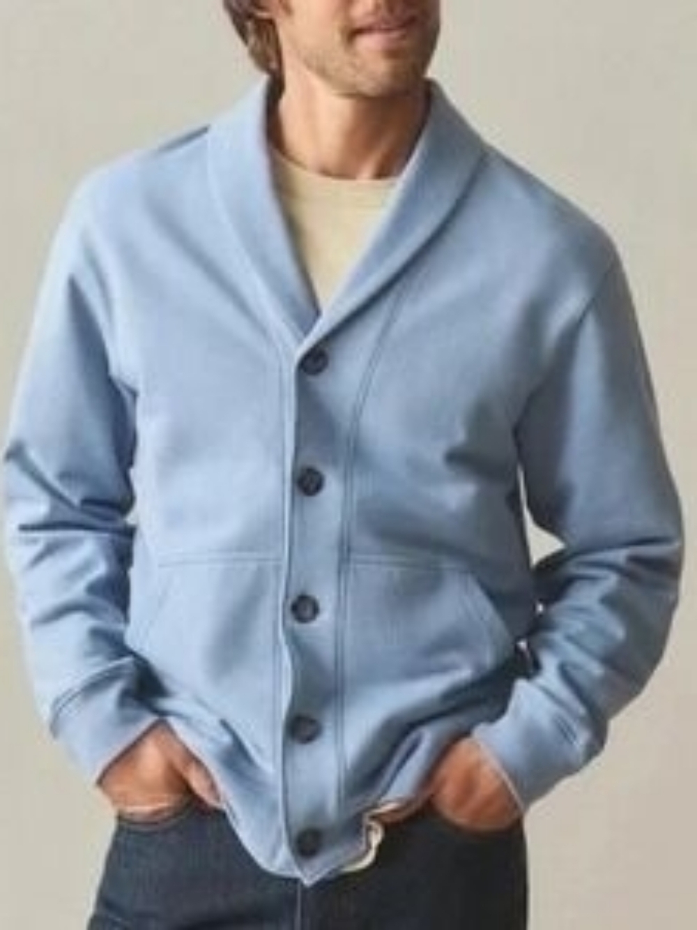 AMERICAN GIANT Men's XL Blue Shawl Collar Cardigan Blue Heavyweight Fleece. Mino